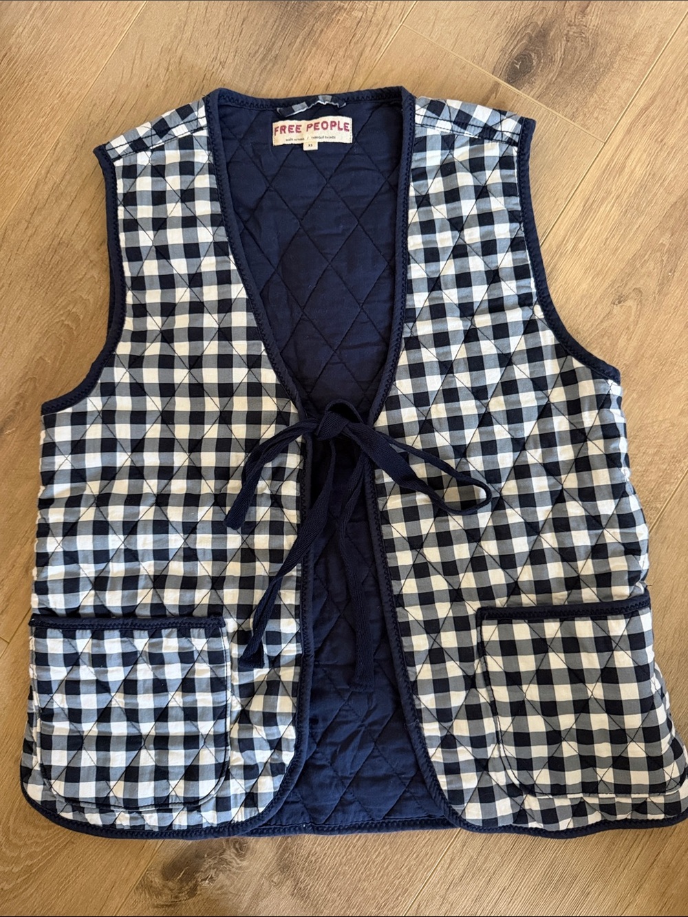 Free People Navy and White Gingham Quilted Tie-Front Vest